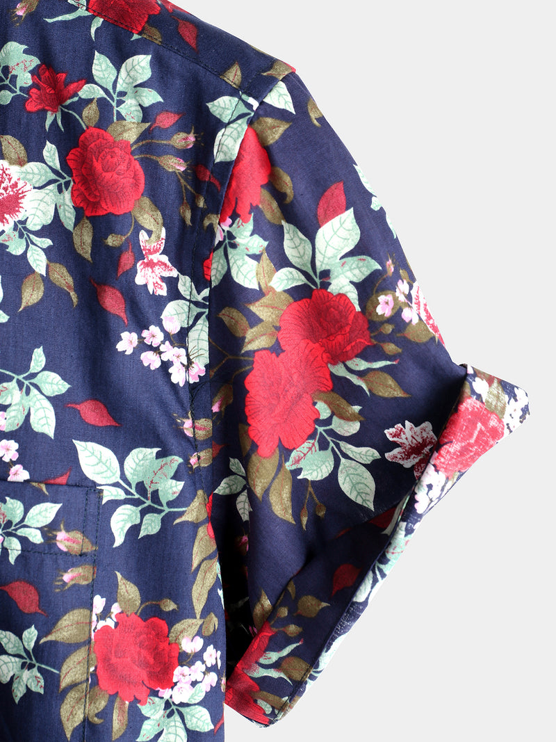 Men's Navy Blue Rose Holiday Cotton Shirt