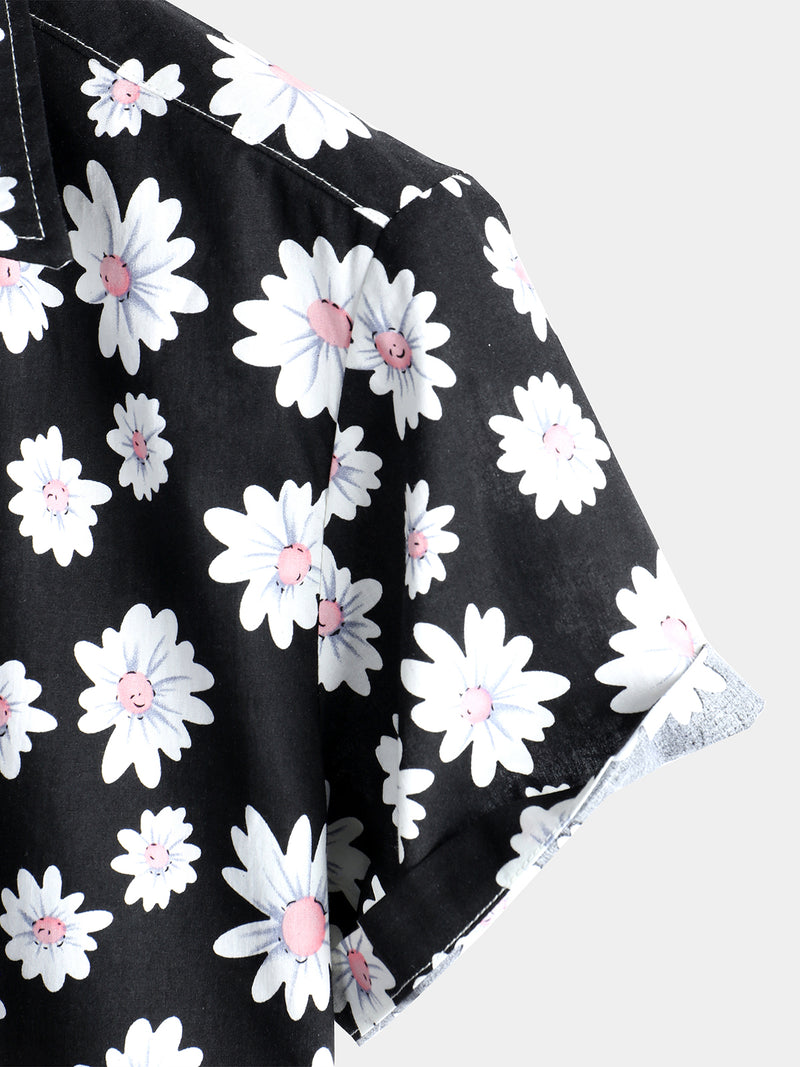 Men's Floral Daisy Print Tropical Hawaiian Cotton Flower Shirt