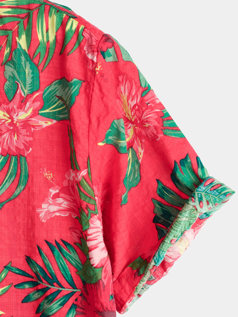 Men's Red Flower Tropical Hawaiian Cotton Short Sleeve Shirt