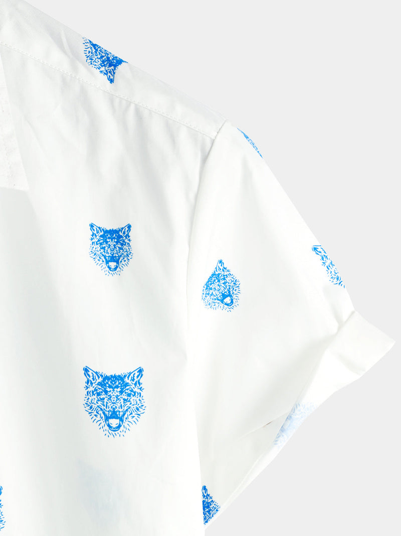 Men's Wolf Animal Print Button Casual Lapel White Short Sleeve Shirt
