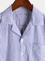 Men's Striped Cotton Blue Summer Button Up Cuban Collar Camp Short Sleeve Beach Shirt