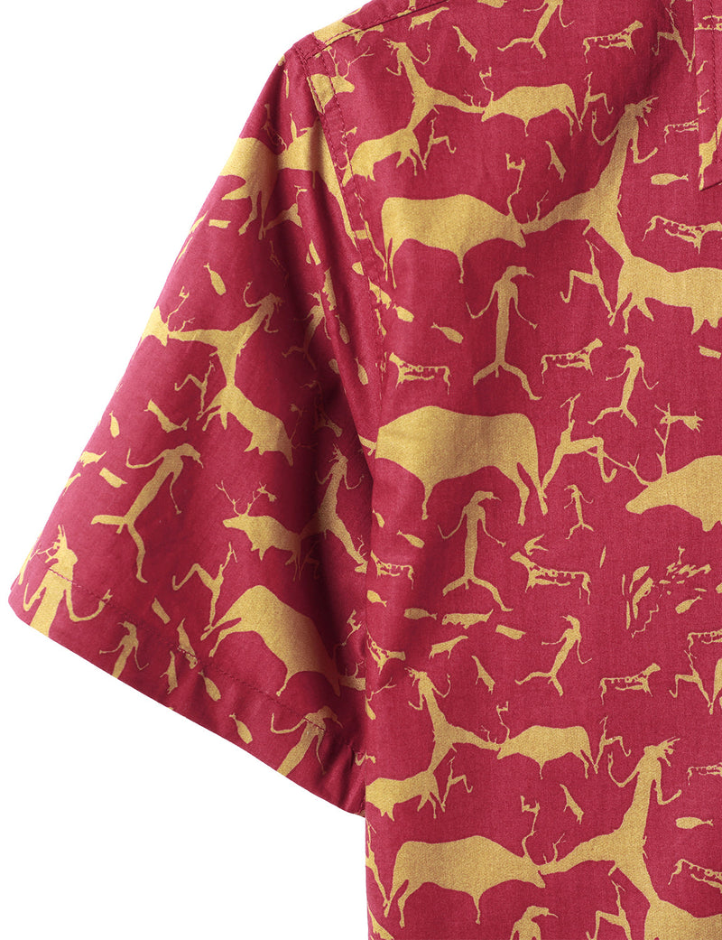 Men's Cotton Vintage Animal Print Red Retro Tribal Button Up Short Sleeve Shirt