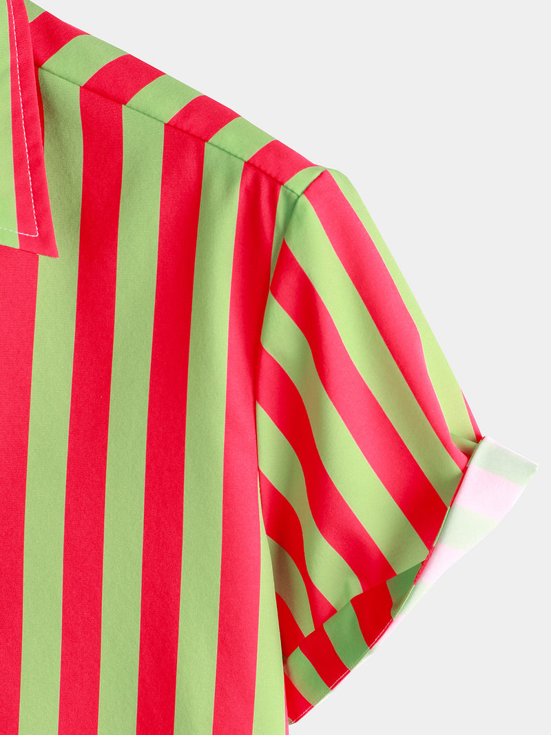 Men's Pineapple & Striped Print Holiday Short Sleeve Shirt