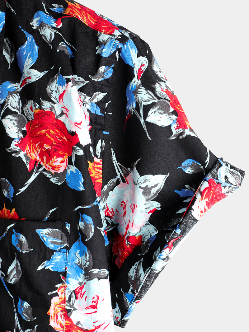 Men's Rose Pocket Black Floral Holiday Cotton Shirt