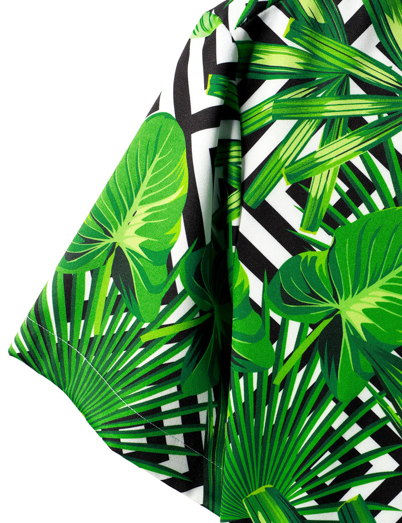 Men's Green Tropical Leaves Geometric Print Vacation Short Sleeve Hawaiian Shirt