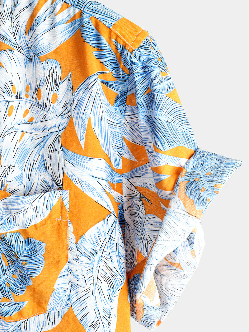 Men's Tropical Leaf Print Pocket Short Sleeve Shirt