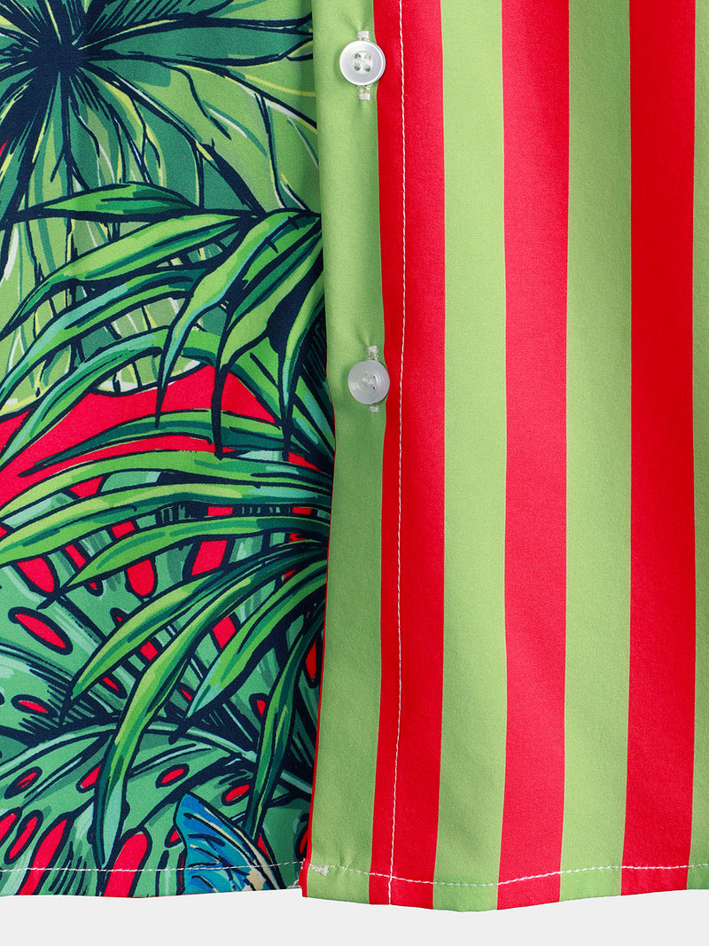 Men's Pineapple & Striped Print Holiday Short Sleeve Shirt
