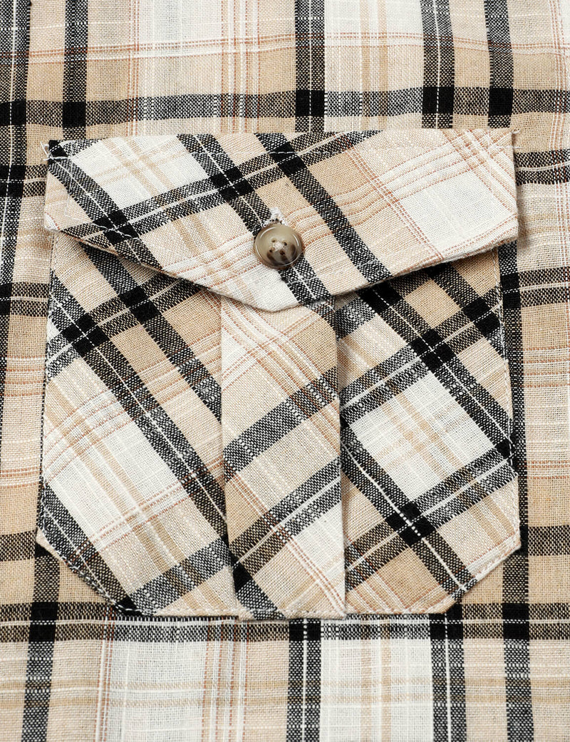 Men's Casual Khaki Linen Plaid Pocket Vintage Cowboy Check Short Sleeve Button Up Western Shirt