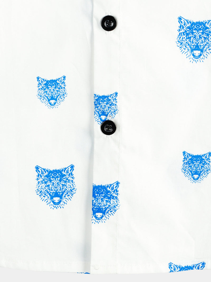 Men's Wolf Animal Print Button Casual Lapel White Short Sleeve Shirt