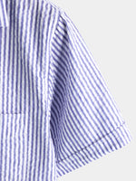 Men's Striped Cotton Blue Summer Button Up Cuban Collar Camp Short Sleeve Beach Shirt