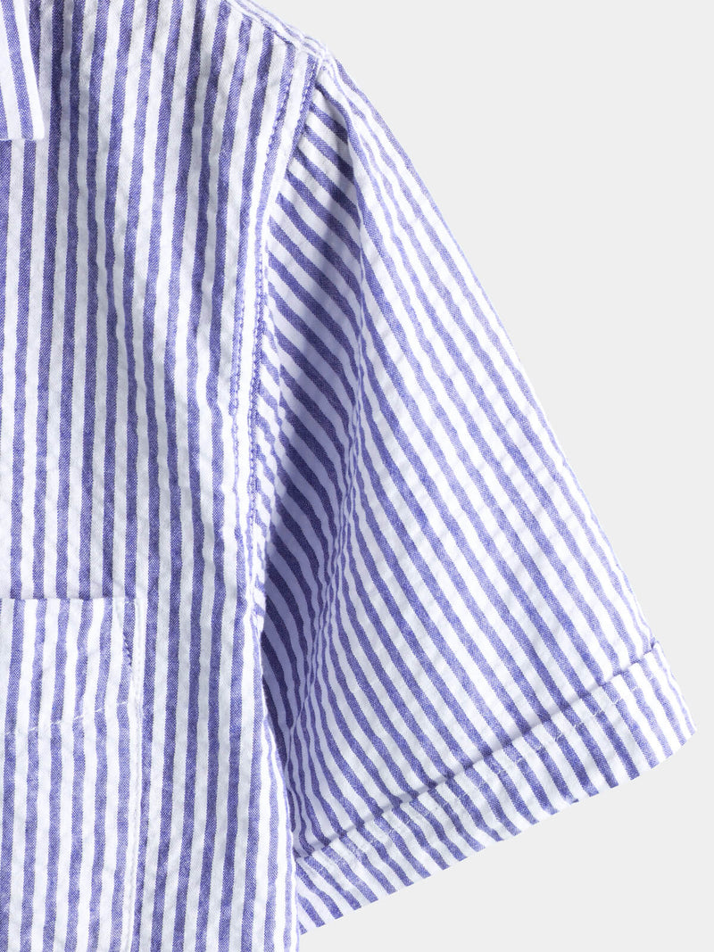 Men's Striped Cotton Blue Summer Button Up Cuban Collar Camp Short Sleeve Beach Shirt