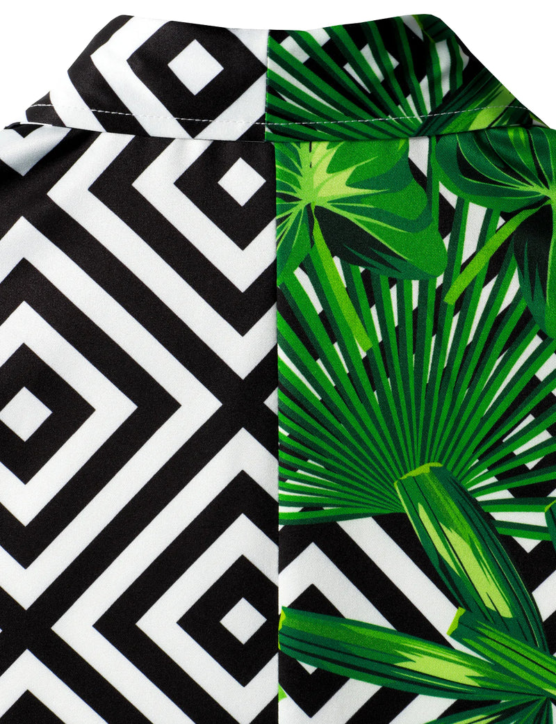 Men's Green Tropical Leaves Geometric Print Vacation Short Sleeve Hawaiian Shirt