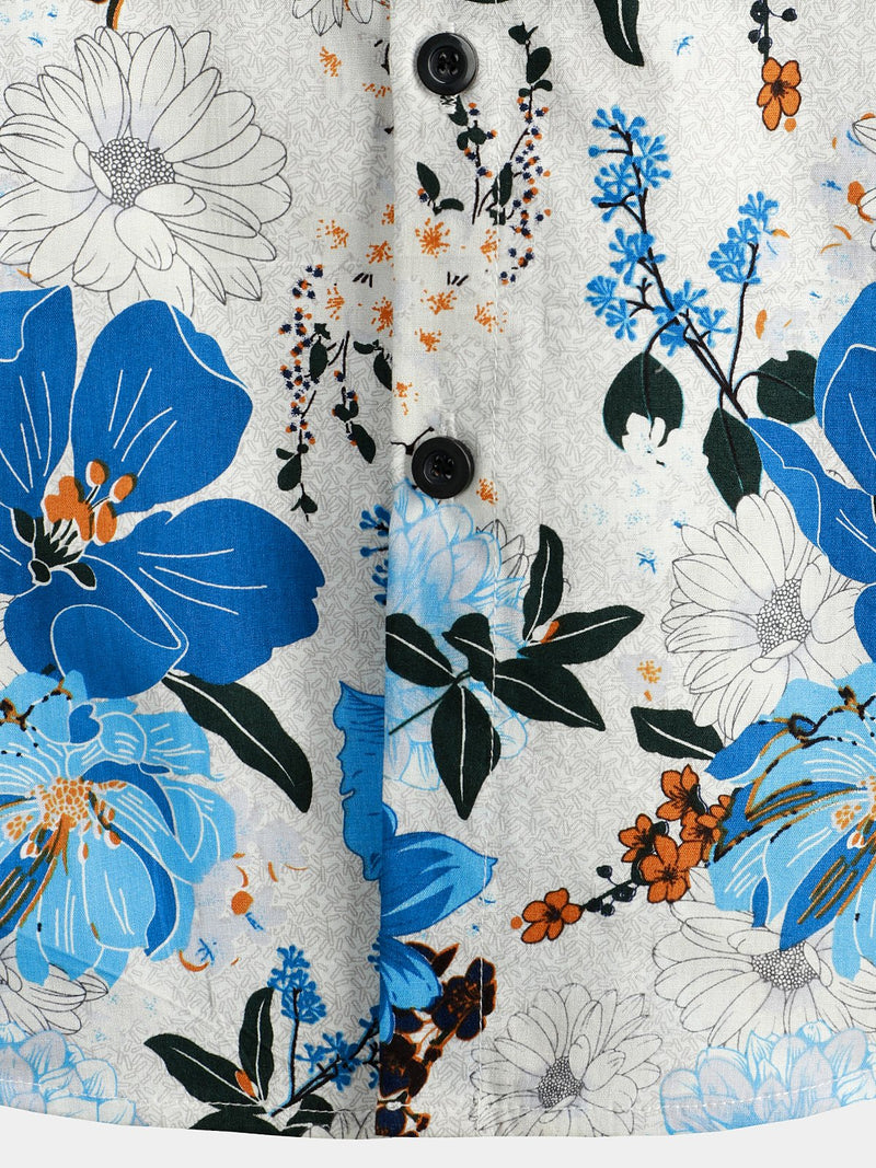 Men's Blue Floral Cotton Tropical Hawaiian Short Sleeve Shirt