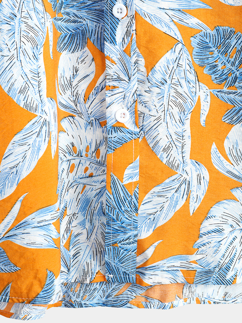 Men's Tropical Leaf Print Pocket Short Sleeve Shirt