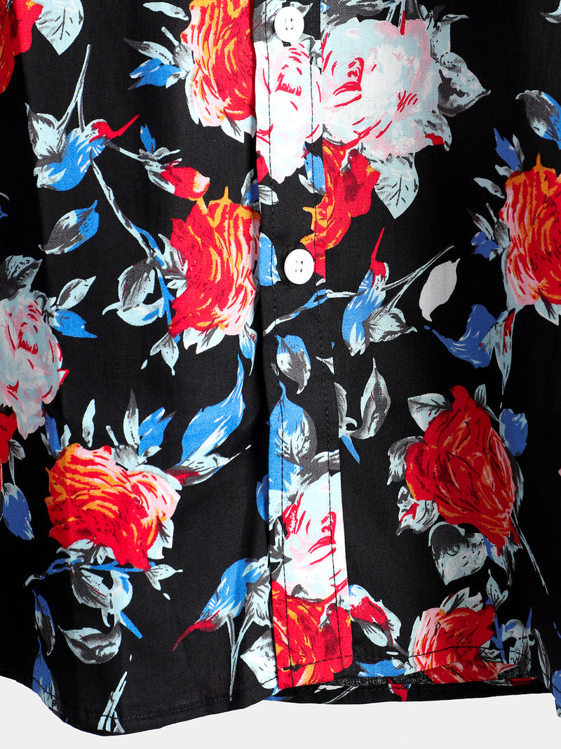 Men's Rose Pocket Black Floral Holiday Cotton Shirt