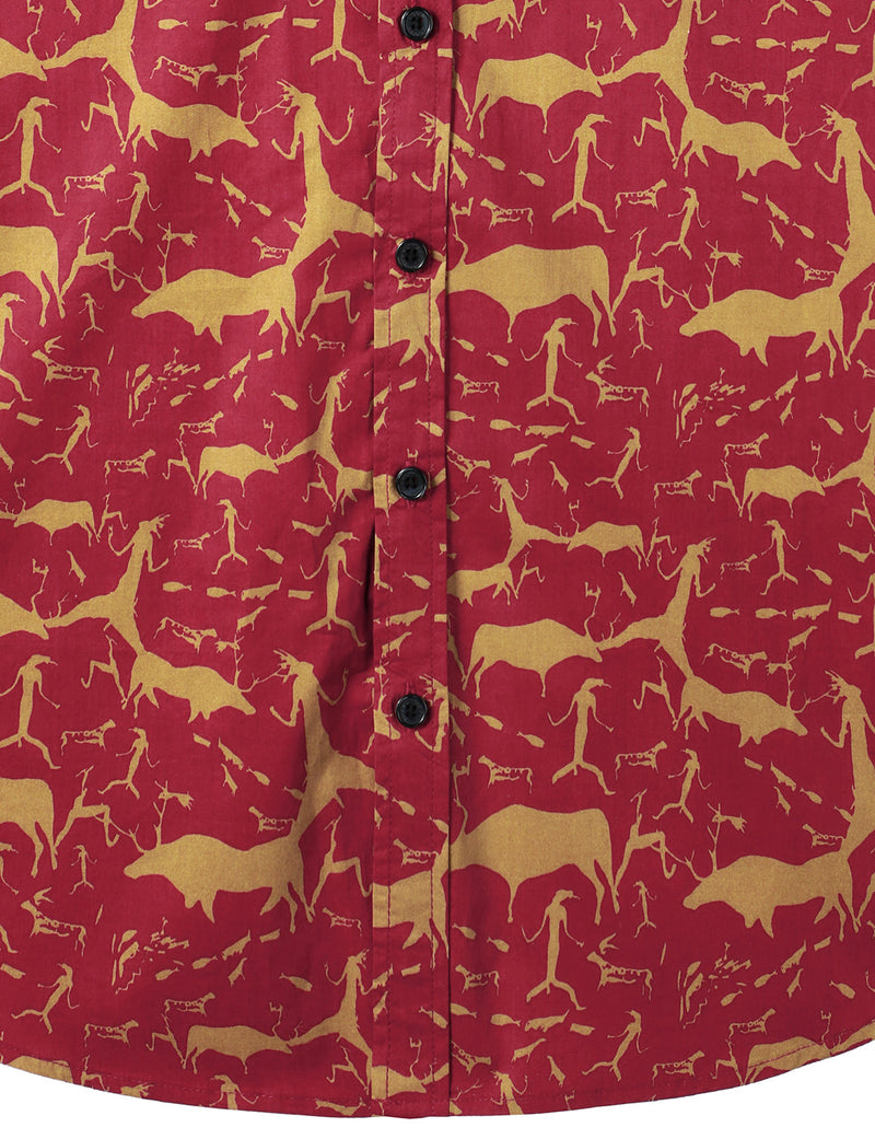 Men's Cotton Vintage Animal Print Red Retro Tribal Button Up Short Sleeve Shirt