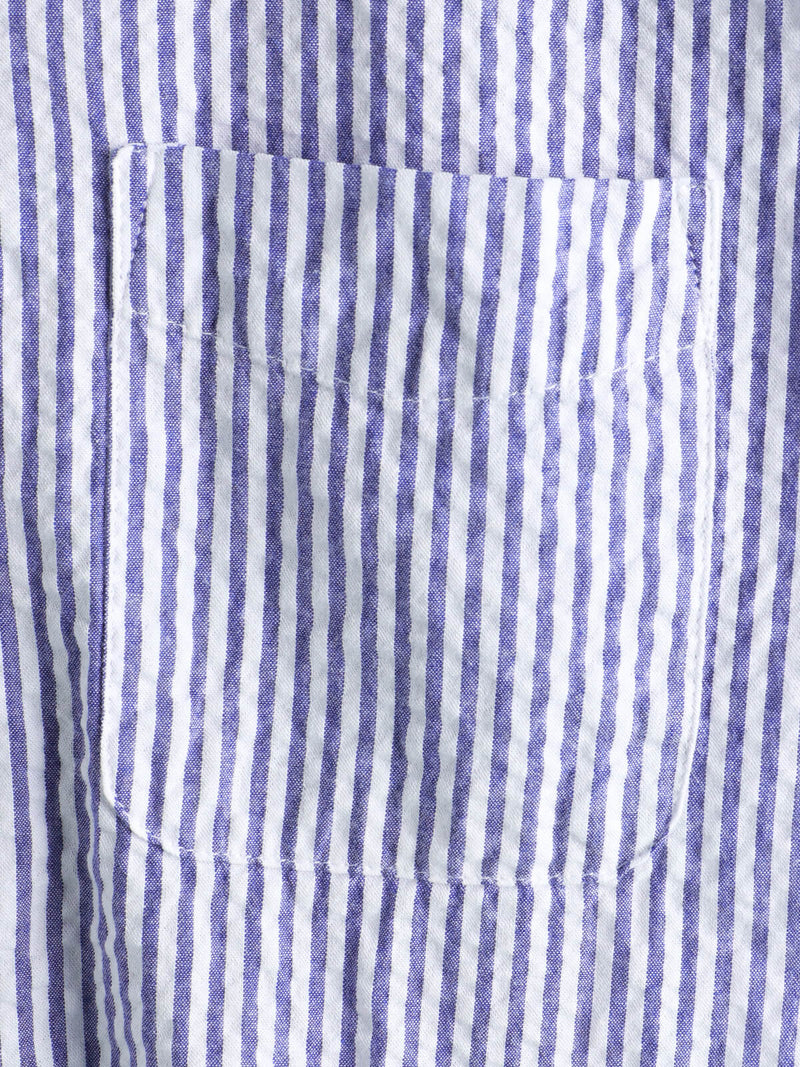 Men's Striped Cotton Blue Summer Button Up Cuban Collar Camp Short Sleeve Beach Shirt