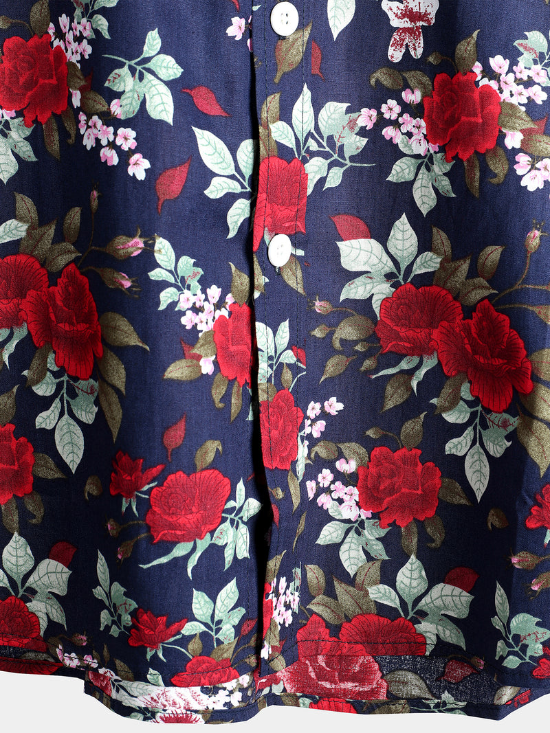 Men's Navy Blue Rose Holiday Cotton Shirt
