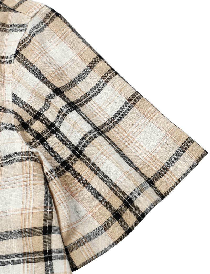 Men's Casual Khaki Linen Plaid Pocket Vintage Cowboy Check Short Sleeve Button Up Western Shirt