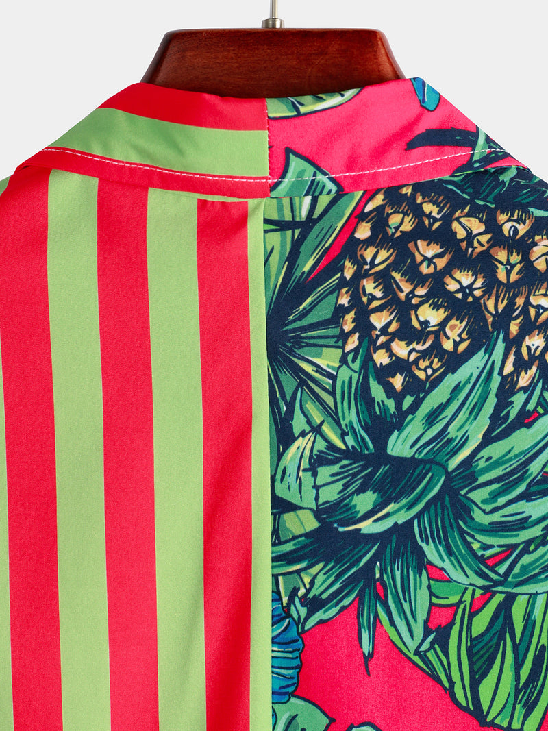 Men's Pineapple & Striped Print Holiday Short Sleeve Shirt