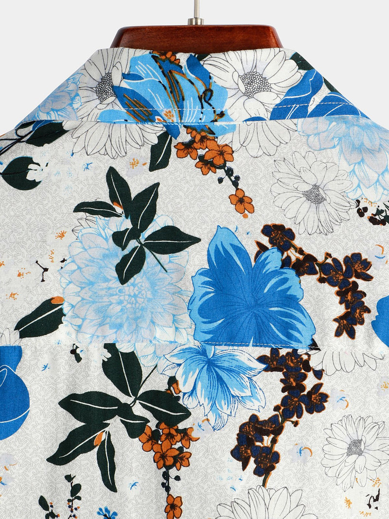 Men's Blue Floral Cotton Tropical Hawaiian Short Sleeve Shirt