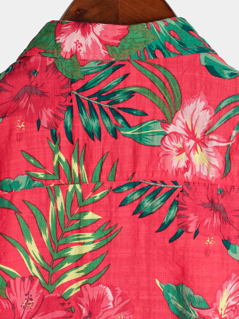 Men's Red Flower Tropical Hawaiian Cotton Short Sleeve Shirt