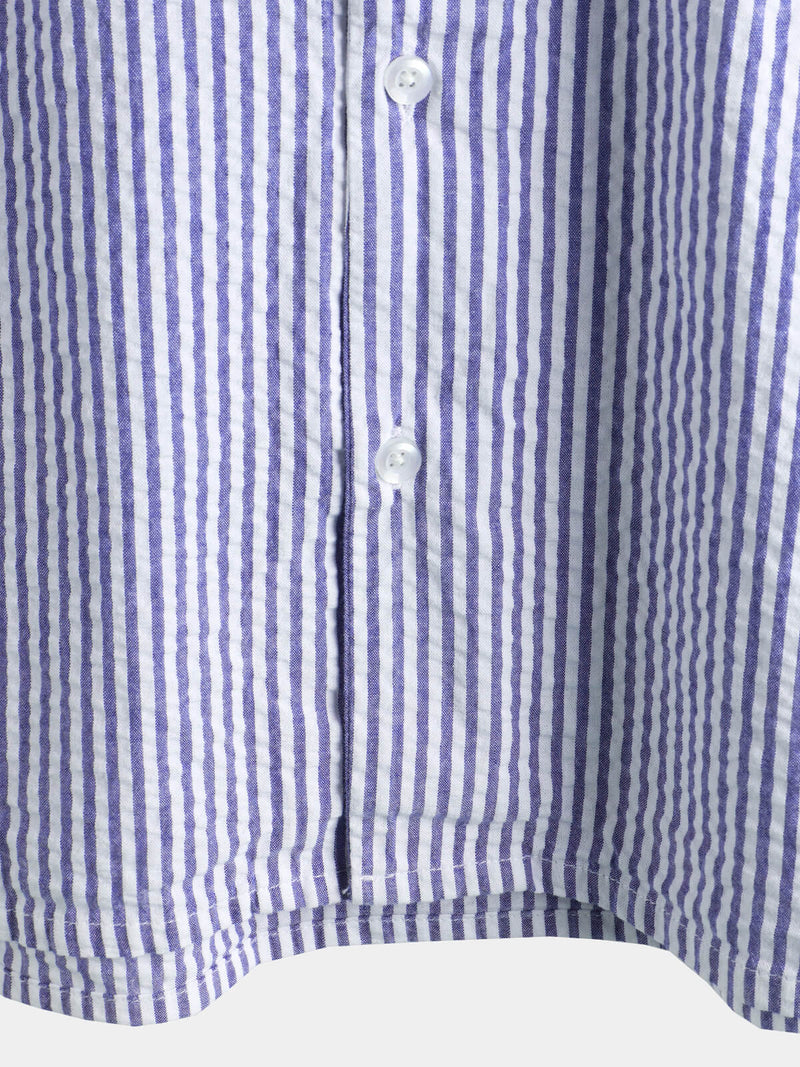 Men's Striped Cotton Blue Summer Button Up Cuban Collar Camp Short Sleeve Beach Shirt