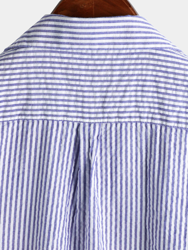Men's Striped Cotton Blue Summer Button Up Cuban Collar Camp Short Sleeve Beach Shirt