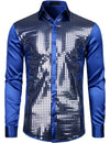 Mens Dress Shirt Silver Sequins Long Sleeve Button Down Disco Shirt Party Costume