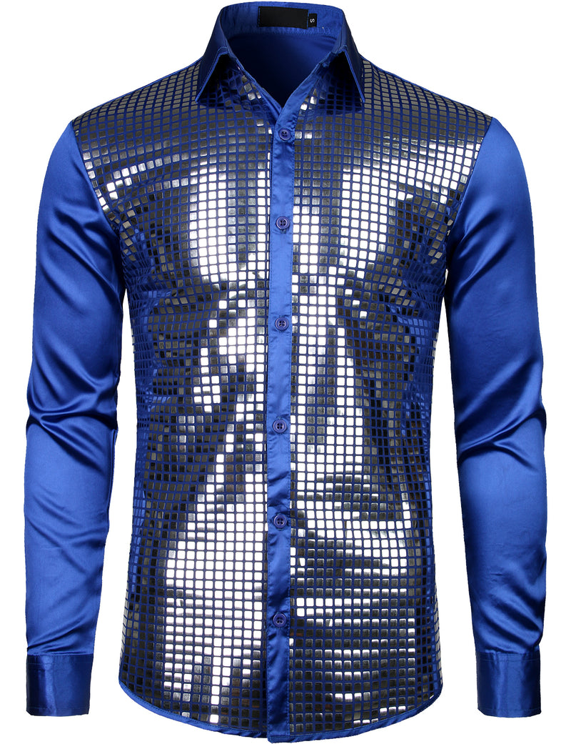 Mens Dress Shirt Silver Sequins Long Sleeve Button Down Disco Shirt Party Costume