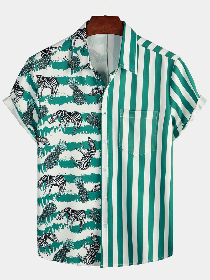 Men's Short Sleeve Striped Pocket Hawaiian Shirt