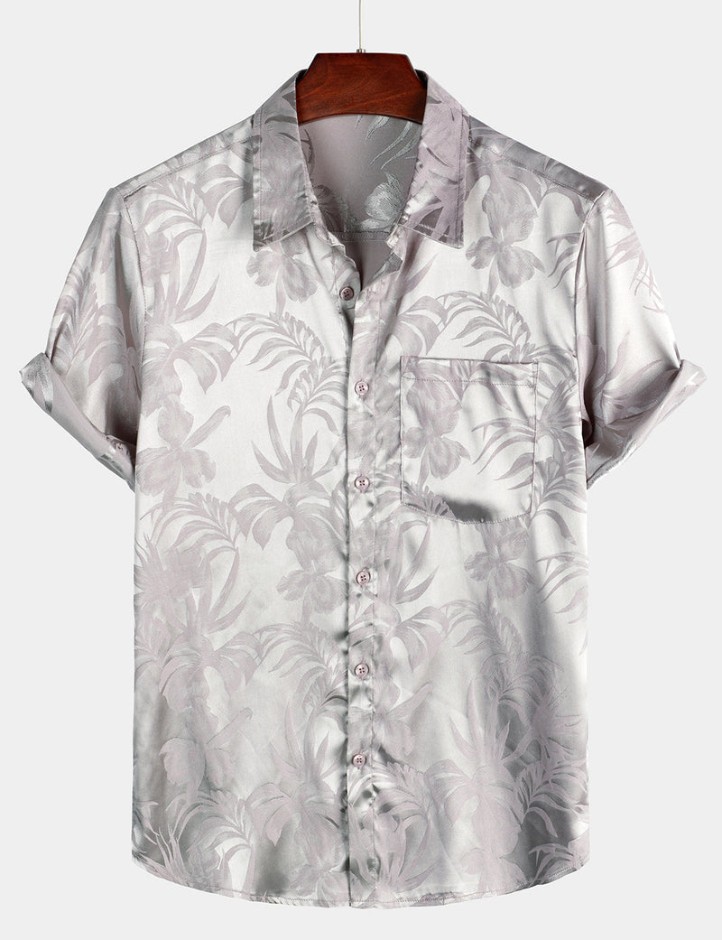 Men's Summer Jacquard Casual Elegant Button Up Pocket Short Sleeve Beach Shirt
