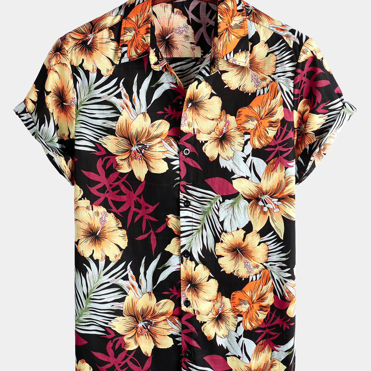 Men's Hawaii Tropical Plant Print Floral Cotton Shirt