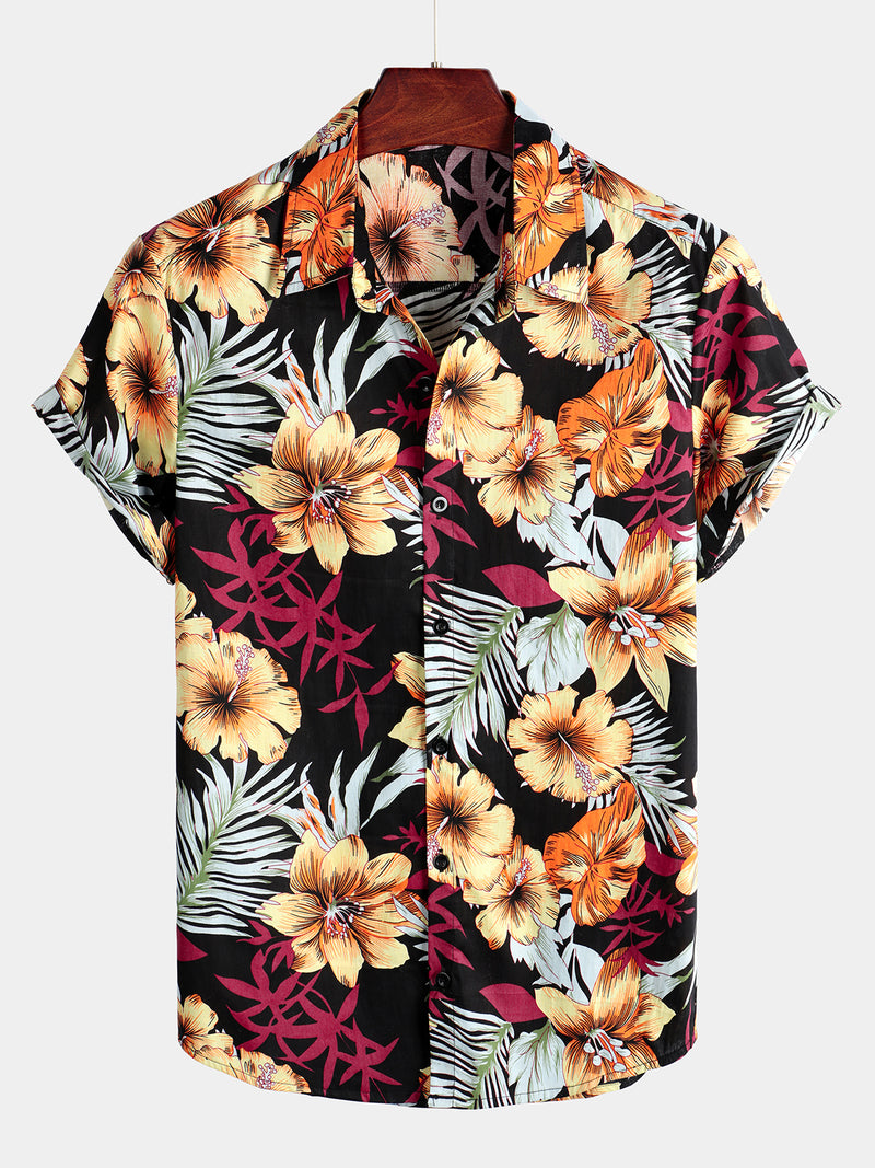 Men's Hawaii Tropical Plant Print Floral Cotton Shirt