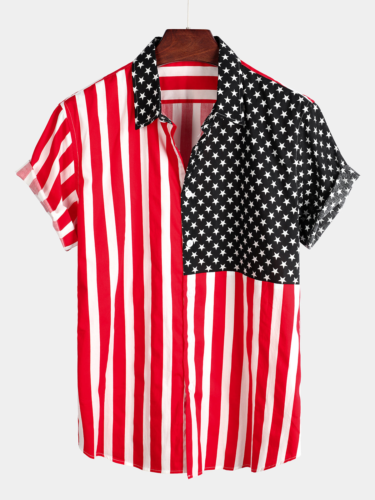 Men's Cotton American Flag Pocket Patriotic Hawaiian Short Sleeve Shirt