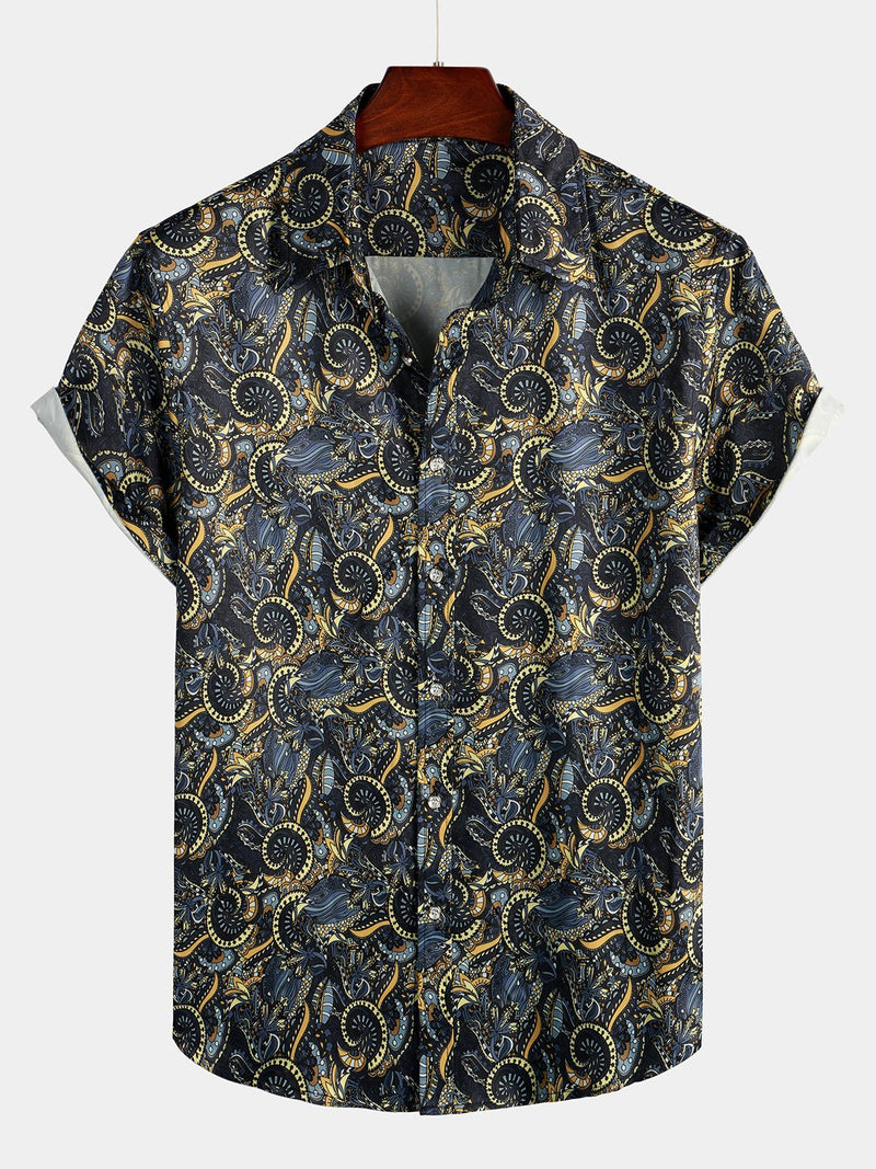 Men's Retro Navy Blue Short Sleeve Casual Shirt