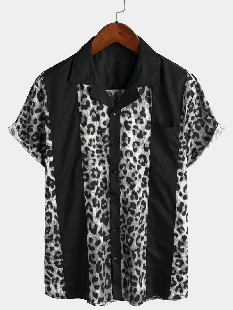 Men's Leopard Print Boling Casual Button Up Short Sleeve Hawaiian Summer Shirt