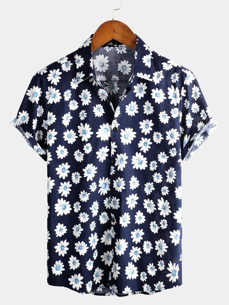 Men's Floral Daisy Print Tropical Hawaiian Cotton Flower Shirt