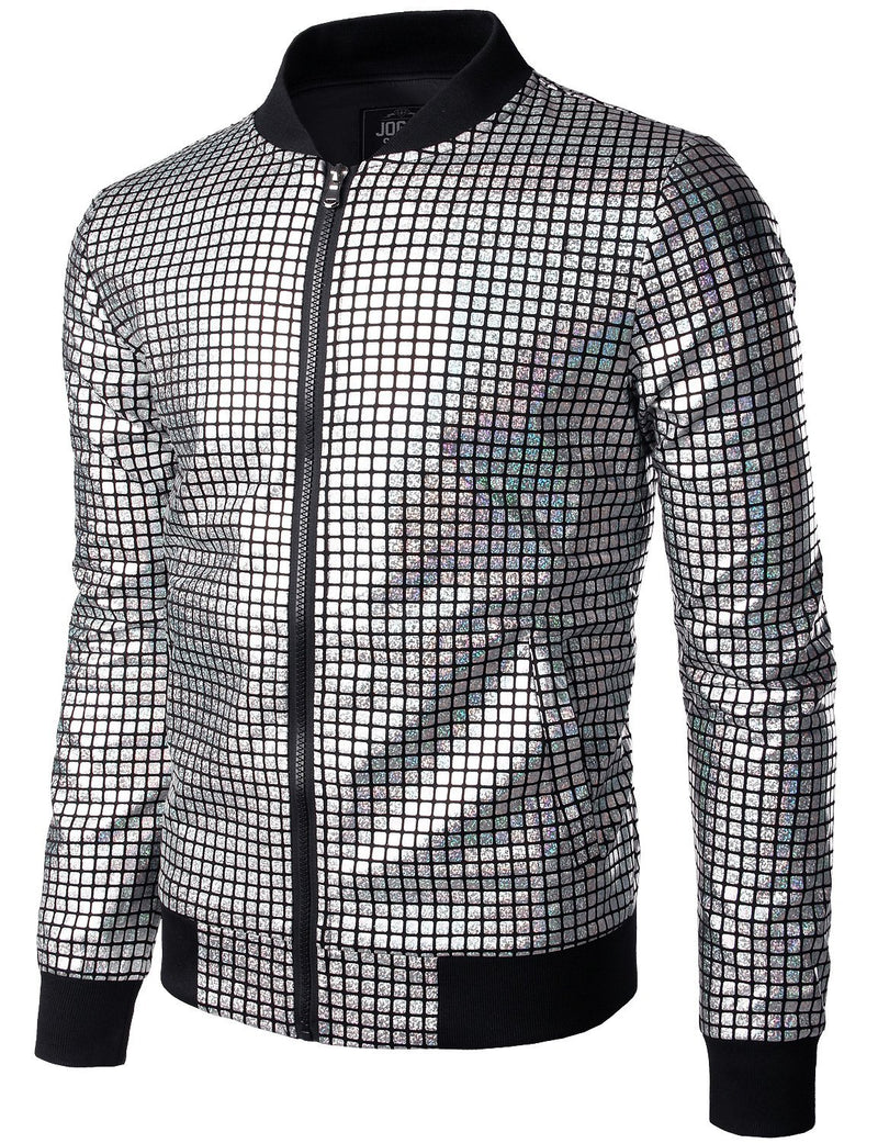 Men's Metallic Sequins Baseball Bomber Jacket Disco Party Costume