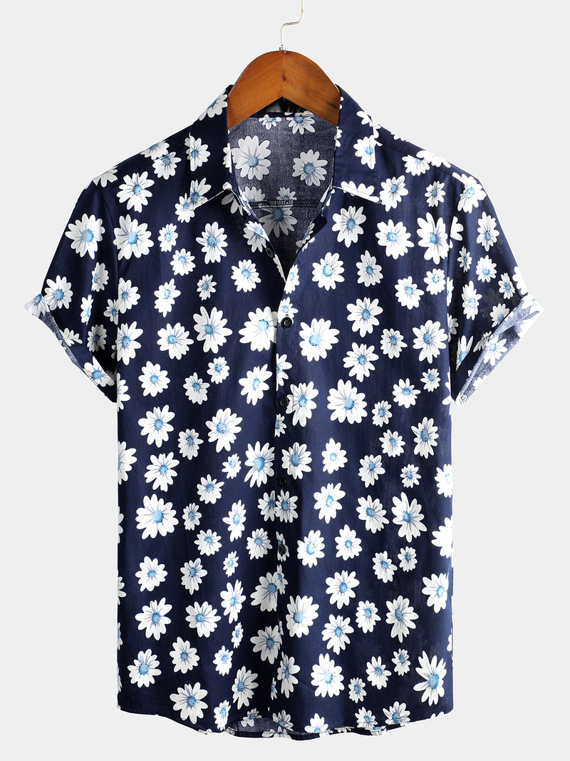 Men's Floral Daisy Print Tropical Hawaiian Cotton Flower Shirt