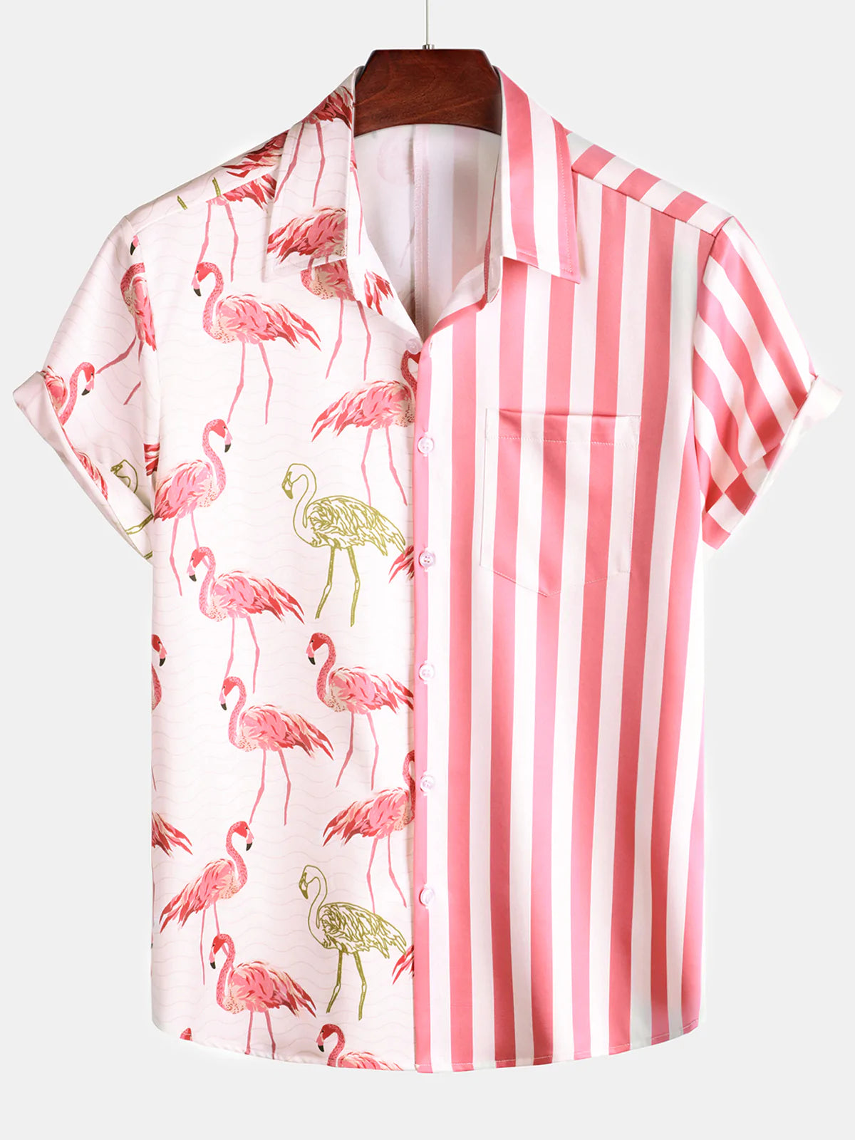 Men's Pink Flamingo Animal Striped Print Pocket Button Up Vacation Short Sleeve Beach Cruise Camp Shirt