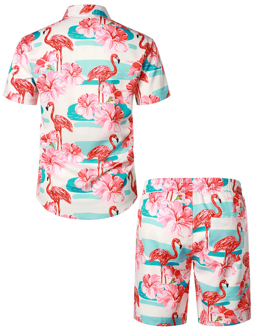 Men's Flamingo Print Hawaiian Shirt & Shorts Set