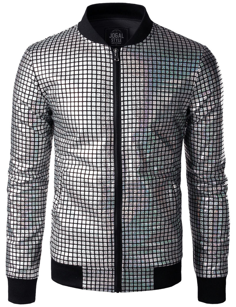 Men's Metallic Sequins Baseball Bomber Jacket Disco Party Costume