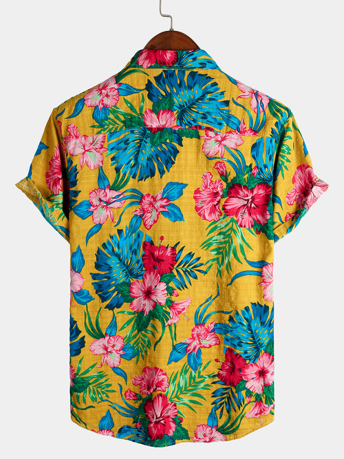 Men's Yellow Flower Tropical Hawaii Cotton Short Sleeve Shirt