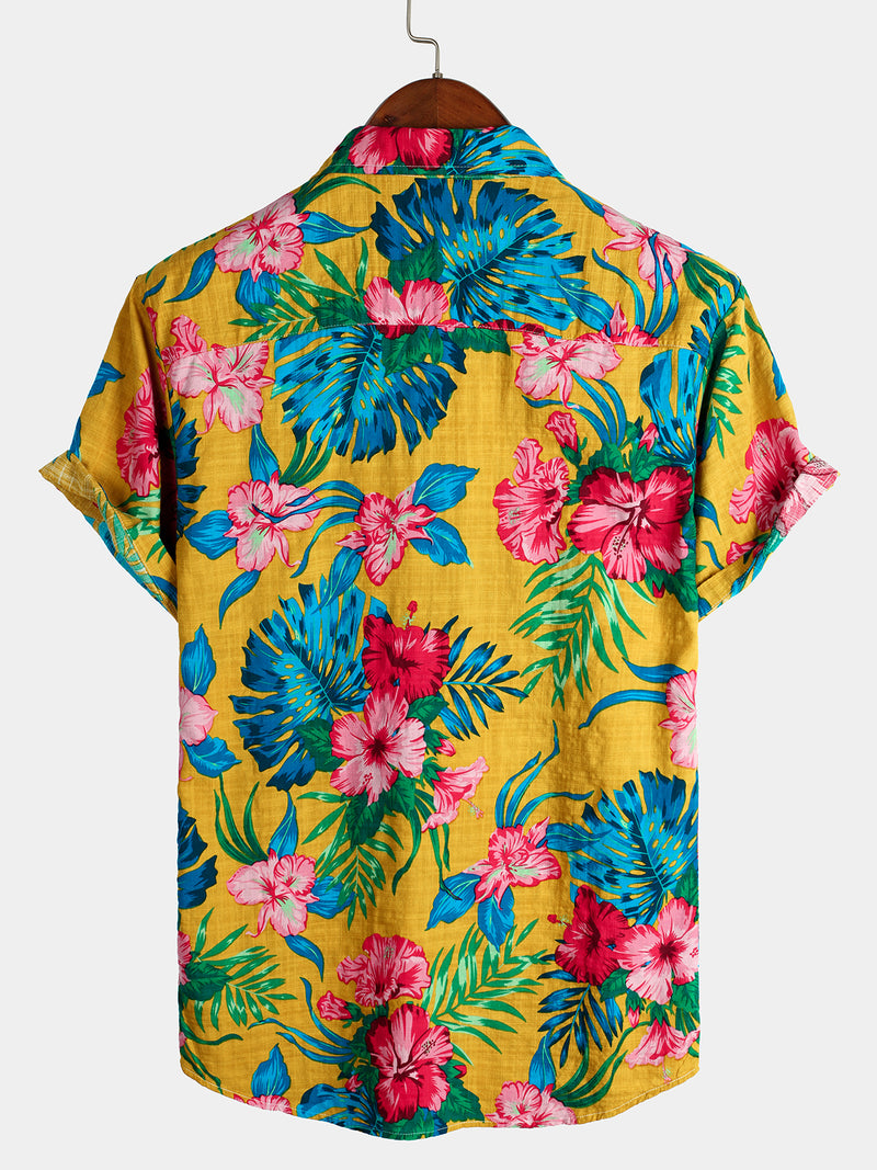 Men's Yellow Flower Tropical Hawaii Cotton Short Sleeve Shirt