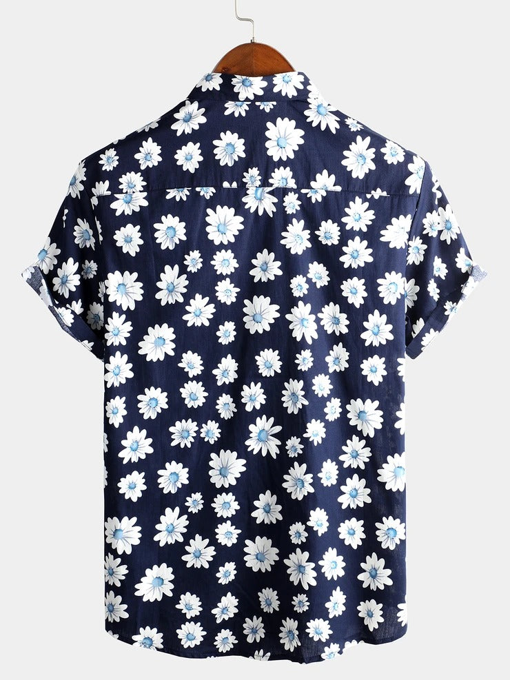 Men's Floral Daisy Print Tropical Hawaiian Cotton Flower Shirt