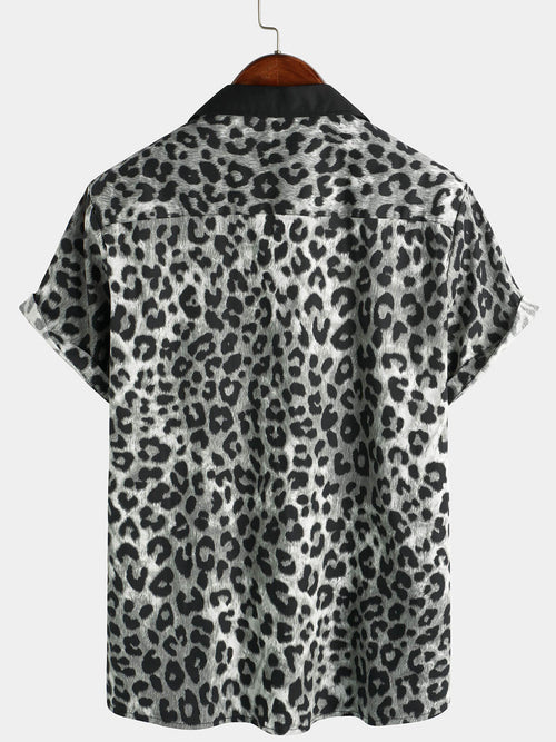 Men's Leopard Print Boling Casual Button Up Short Sleeve Hawaiian Summer Shirt