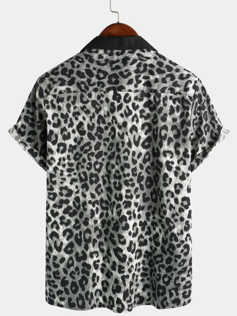 Men's Leopard Print Boling Casual Button Up Short Sleeve Hawaiian Summer Shirt