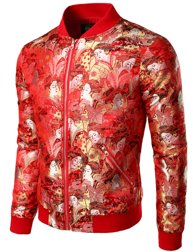 Men's Vintage Embroidered Satin Flight Bomber Jacket Coat
