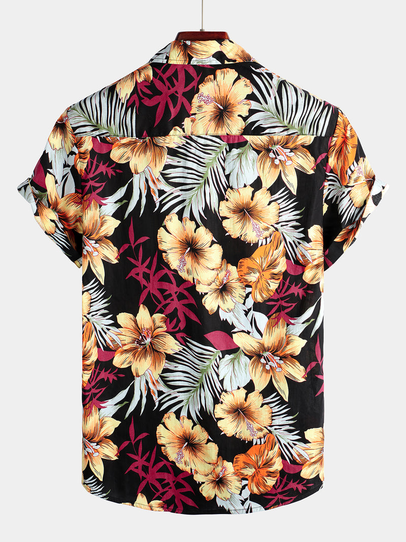 Men's Hawaii Tropical Plant Print Floral Cotton Shirt